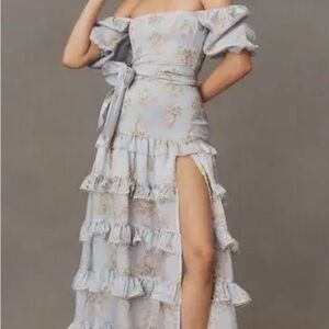 Anthropologie Blue Gray Ruffled High Low Sundress